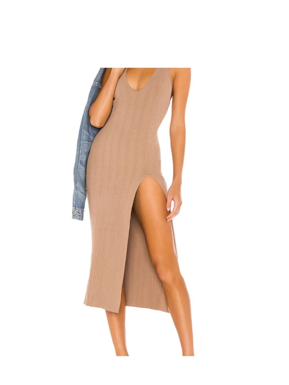 Michael Costello Tan Ribbed V-Neck Midi Dress with High Slit